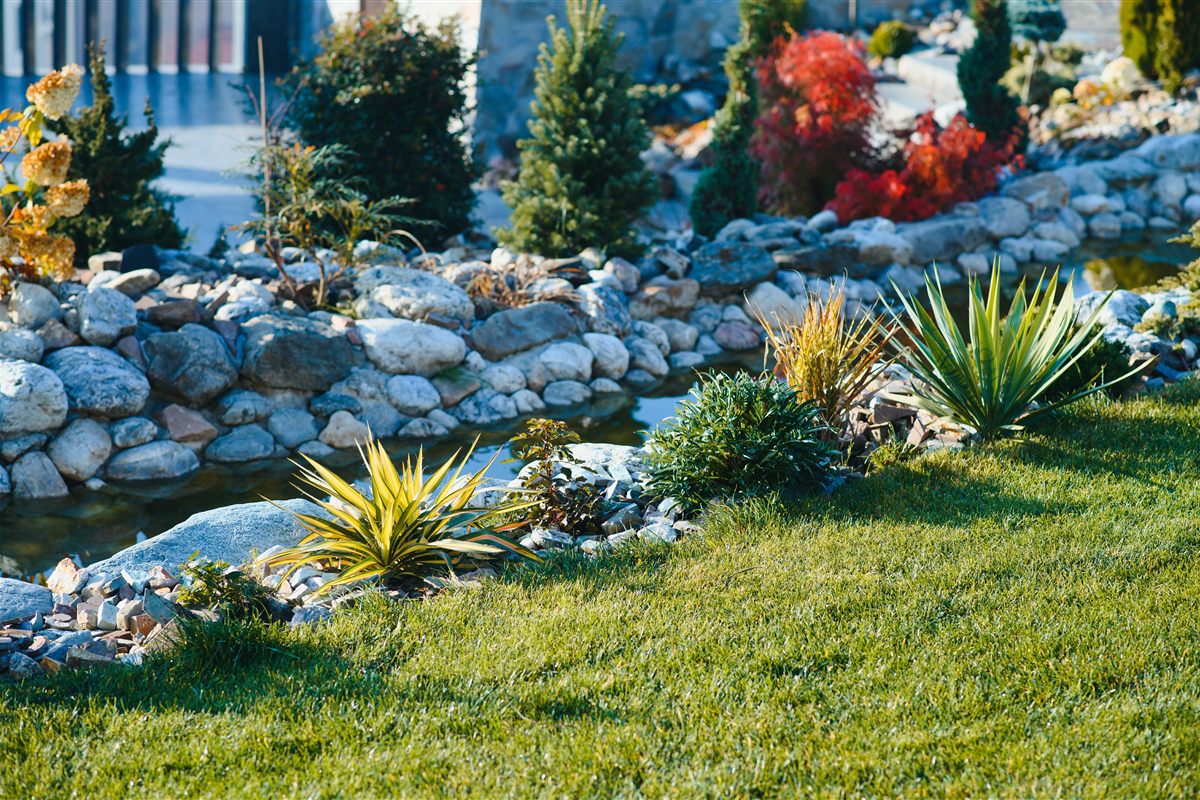 backyard-hardscaping-project Backyard hardscaping with landscape rock, pond and planted garden beds