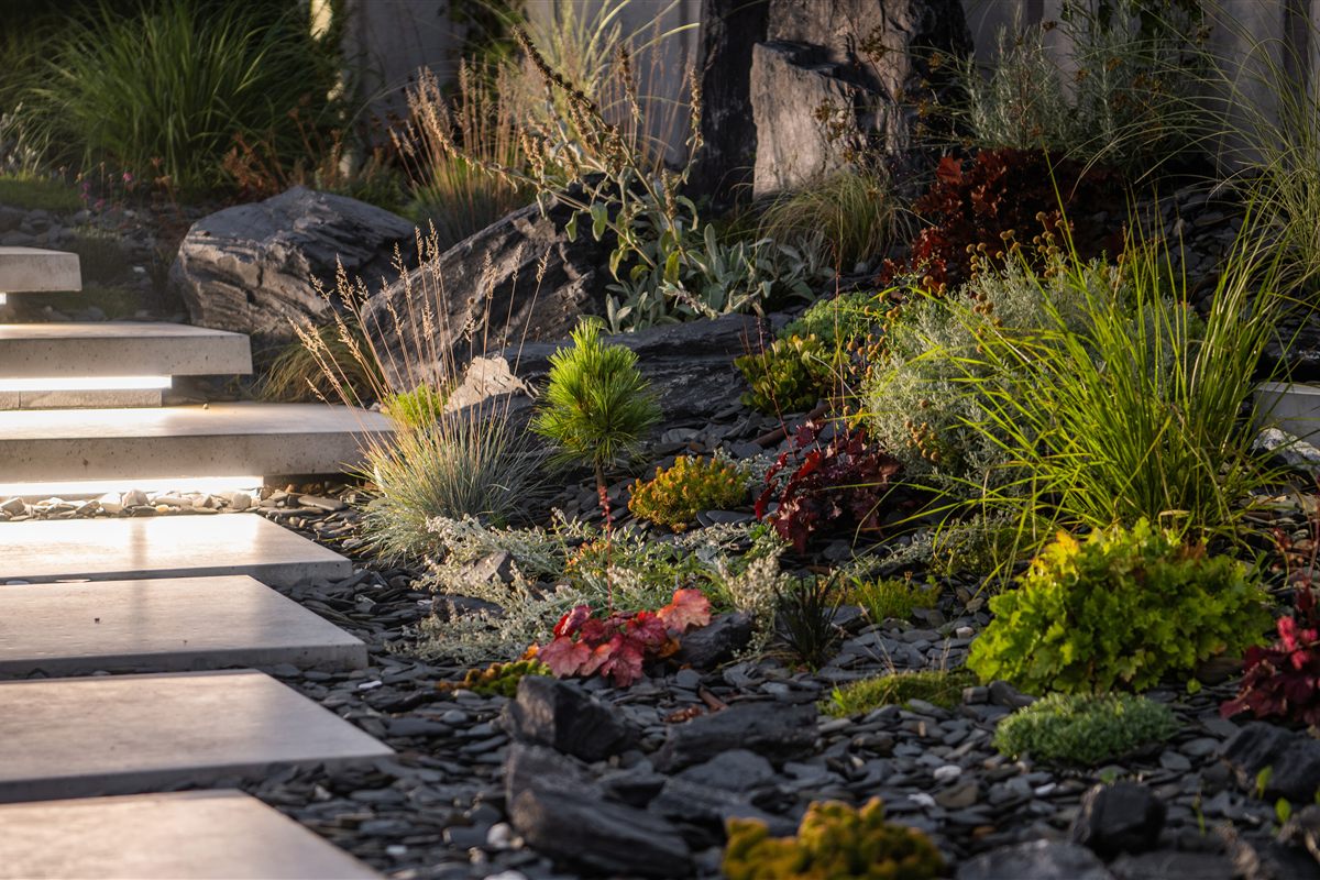 vernon-landscape-renovation Water-wise landscape renovation with illuminated concrete steps and rock garden